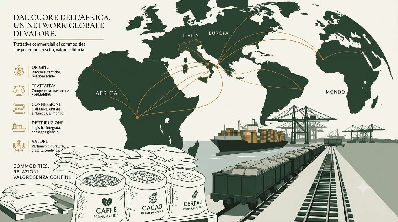 Rete commerciale EatsAfrica: dall'Africa verso Italia, Europa e mondo, dalla selezione all'origine fino alla distribuzione di caffè, cacao e commodity agricole.